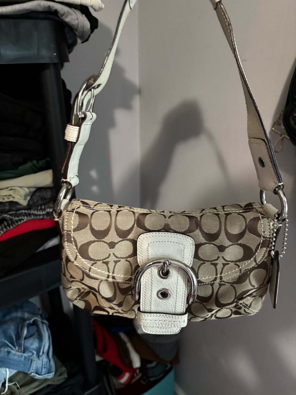 Coach Khaki Signature Canvas Shoulder Bag with Chalk Trim